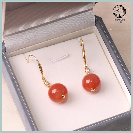 Natural Nanhong Agate Round Pendant Earrings – Red Agate Jewelry for Women, Feng Shui Healing & Elegant Gift