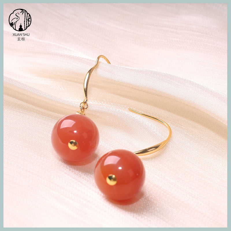 Natural Nanhong Agate Round Pendant Earrings – Red Agate Jewelry for Women, Feng Shui Healing & Elegant Gift