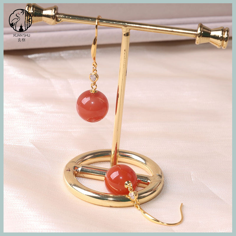 Natural Nanhong Agate Round Pendant Earrings – Red Agate Jewelry for Women, Feng Shui Healing & Elegant Gift