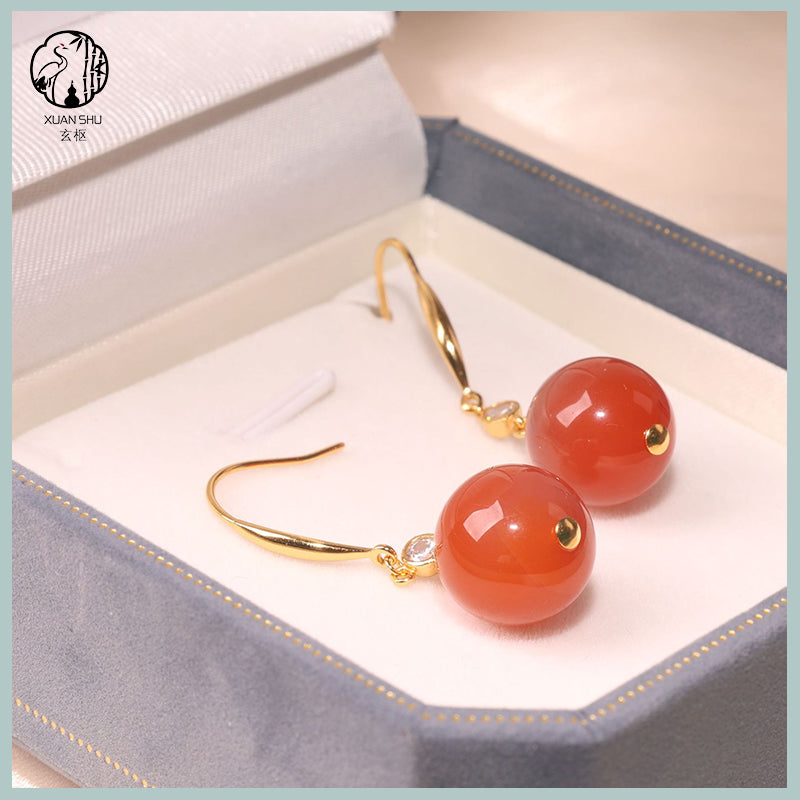Natural Nanhong Agate Round Pendant Earrings – Red Agate Jewelry for Women, Feng Shui Healing & Elegant Gift