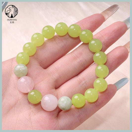 Natural Prehnite, Xiuyan Jade & Madagascar Rose Quartz Bracelet – Healing Energy, Love & Emotional Balance