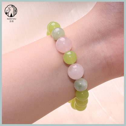 Natural Prehnite, Xiuyan Jade & Madagascar Rose Quartz Bracelet – Healing Energy, Love & Emotional Balance