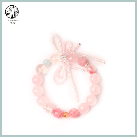 Rose Quartz Bracelet with Bow Charm – Single Strand Crystal Bracelet for Love & Good Luck