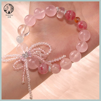 Rose Quartz Bracelet with Bow Charm – Single Strand Crystal Bracelet for Love & Good Luck