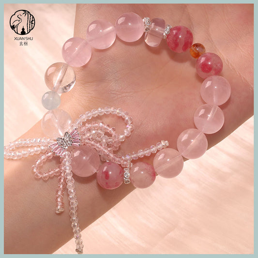 Rose Quartz Bracelet with Bow Charm – Single Strand Crystal Bracelet for Love & Good Luck