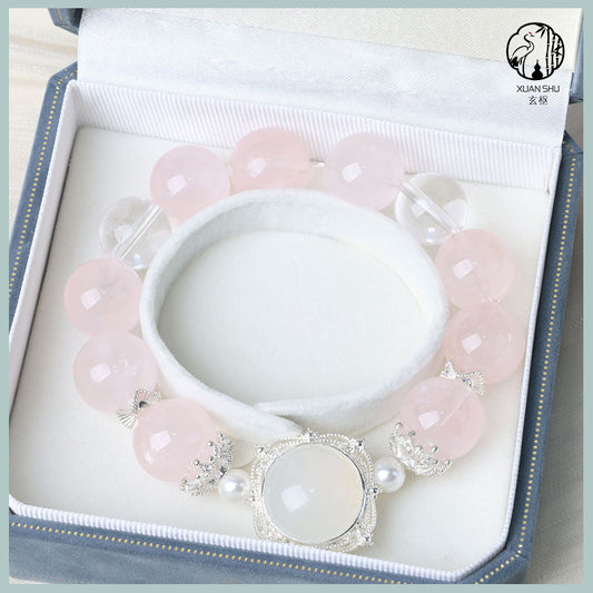 Natural Rose Quartz & White Agate Crystal Bracelet – Feng Shui Magic Energy Beads for Love & Protection