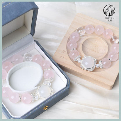 Natural Rose Quartz & White Agate Crystal Bracelet – Feng Shui Magic Energy Beads for Love & Protection