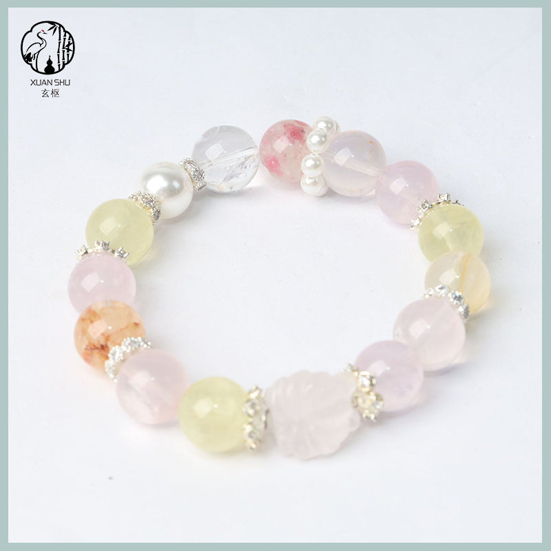 Strawberry Quartz & White Phantom Round Beads Multi-Gem Crystal Bracelet – Healing, Love & Prosperity Energy