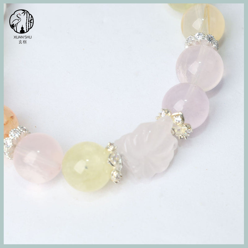 Strawberry Quartz & White Phantom Round Beads Multi-Gem Crystal Bracelet – Healing, Love & Prosperity Energy