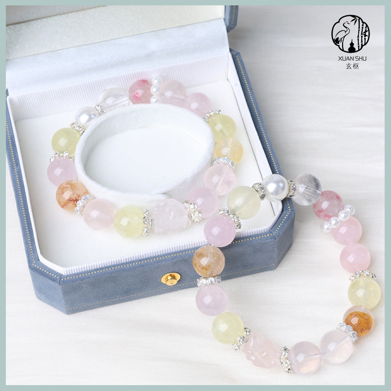 Strawberry Quartz & White Phantom Round Beads Multi-Gem Crystal Bracelet – Healing, Love & Prosperity Energy