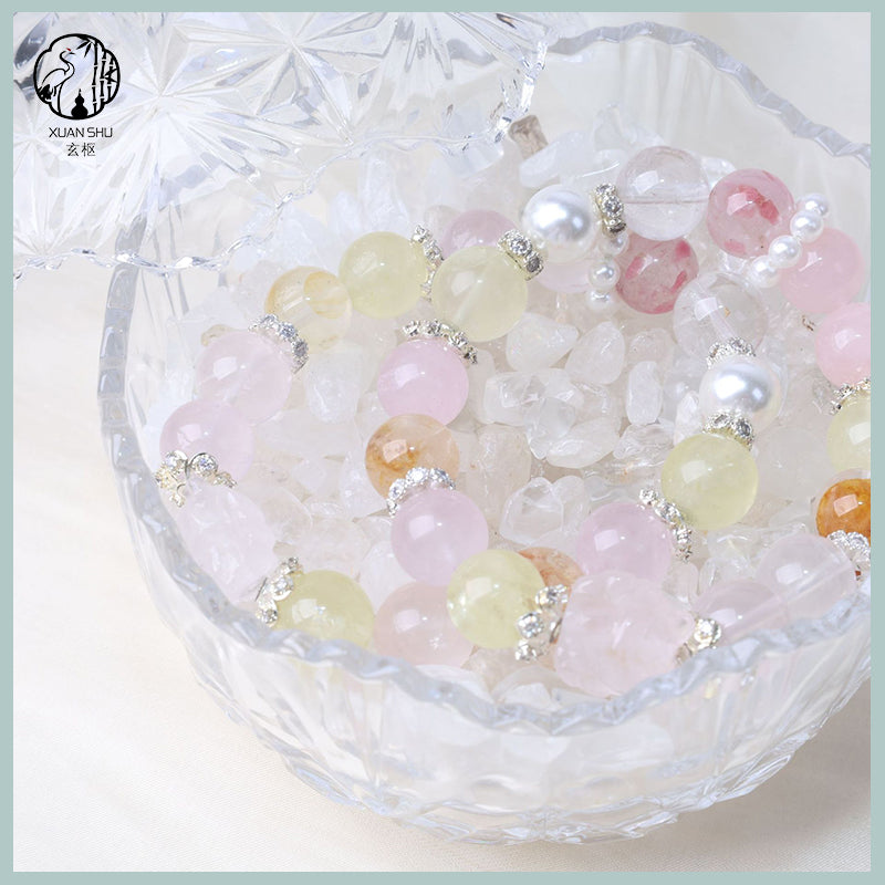 Strawberry Quartz & White Phantom Round Beads Multi-Gem Crystal Bracelet – Healing, Love & Prosperity Energy