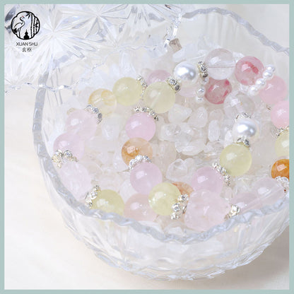 Strawberry Quartz & White Phantom Round Beads Multi-Gem Crystal Bracelet – Healing, Love & Prosperity Energy