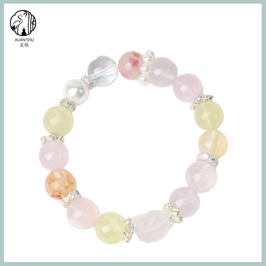 Strawberry Quartz & White Phantom Round Beads Multi-Gem Crystal Bracelet – Healing, Love & Prosperity Energy