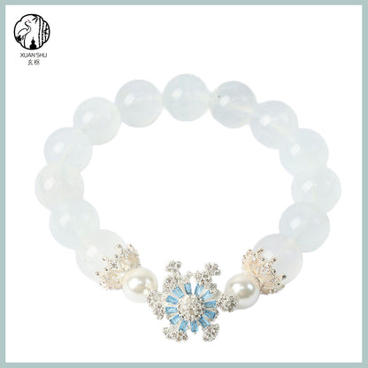 Natural White & Blue Rabbit Fur Fluorite Bead Bracelet with Snowflake Beads – Crown Design Spiritual Healing Jewelry