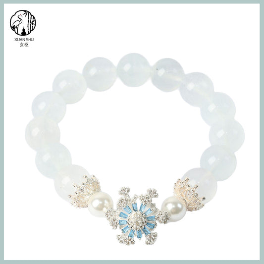 Natural White & Blue Rabbit Fur Fluorite Bead Bracelet with Snowflake Beads – Crown Design Spiritual Healing Jewelry