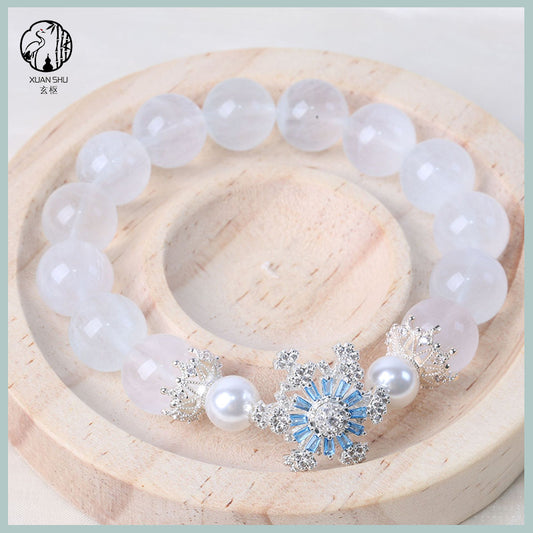 Natural White & Blue Rabbit Fur Fluorite Bead Bracelet with Snowflake Beads – Crown Design Spiritual Healing Jewelry