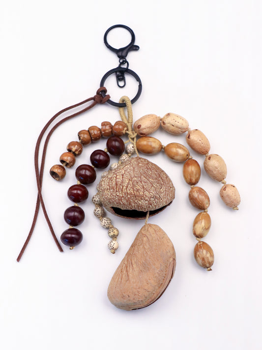 Wind Bell Fruit Keychain - Five Types of Natural Bodhi & Brown Cord & Metal Ring Design