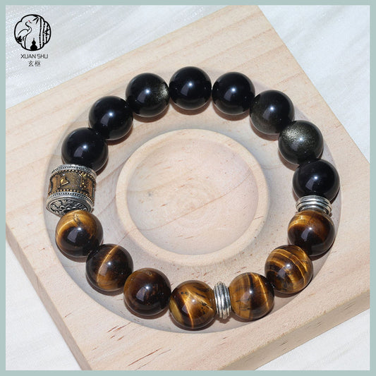 Natural Yellow Tiger’s Eye & Golden Obsidian Bracelet with Vintage Silver Beads – Feng Shui Protection & Wealth Energy