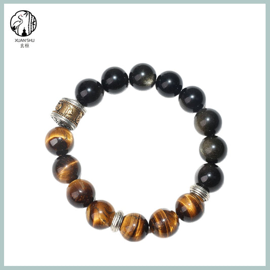 Natural Yellow Tiger’s Eye & Golden Obsidian Bracelet with Vintage Silver Beads – Feng Shui Protection & Wealth Energy