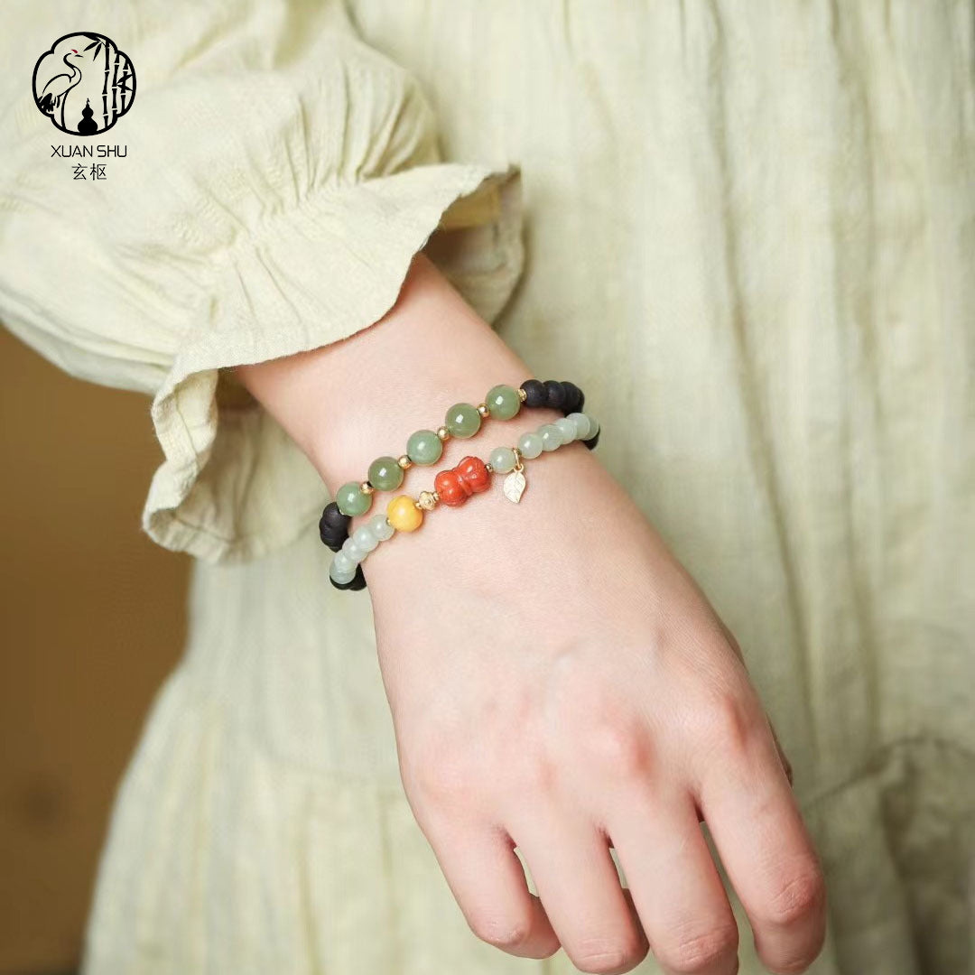 Heta Jade, South Red Amber & Natural Benzoin Double Bracelet — Improve Luck, Relationships & Energy Flow