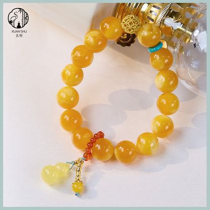 Natural Chicken Oil Yellow Amber Gourd Bead Bracelet - Attract Wealth & Health