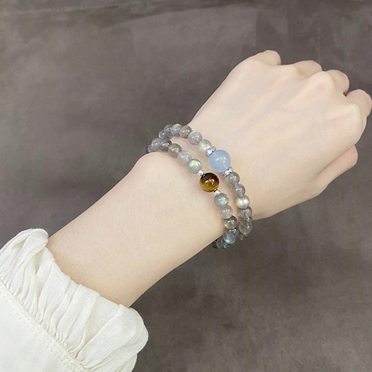 Aquamarine Moonstone Tiger Eye Healing Bracelet – Double Layer Crystal Jewelry for Stress Relief & Confidence