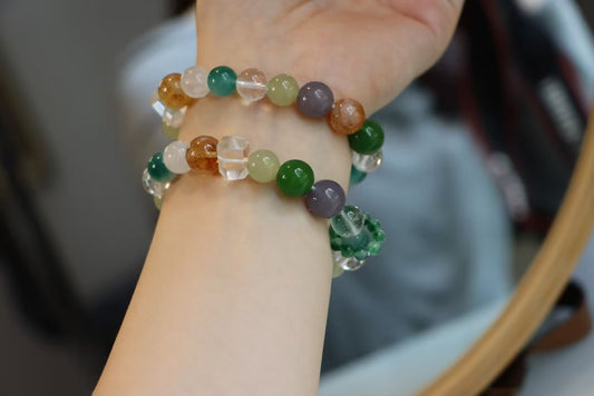 Natural Citrine, White Crystal, Moonstone, Smoky Amethyst, Green Chalcedony Beaded Bracelet – Healing Energy & Spiritual Gemstone Jewelry
