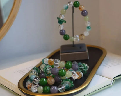 Natural Citrine, White Crystal, Moonstone, Smoky Amethyst, Green Chalcedony Beaded Bracelet – Healing Energy & Spiritual Gemstone Jewelry