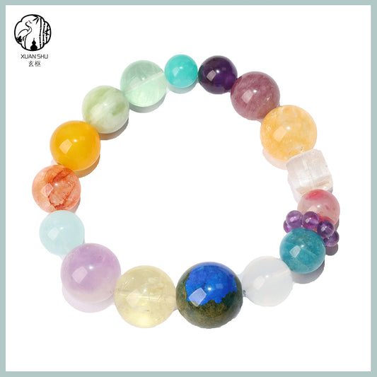 Natural Earth Agate & Lavender Amethyst 14-Crystal Multi-Stone Bracelet – Feng Shui Healing Gemstone Jewelry
