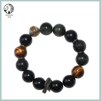 Gold Obsidian & Tiger Eye Snake Pendant Bracelet – Vintage Silver Feng Shui Energy Jewelry