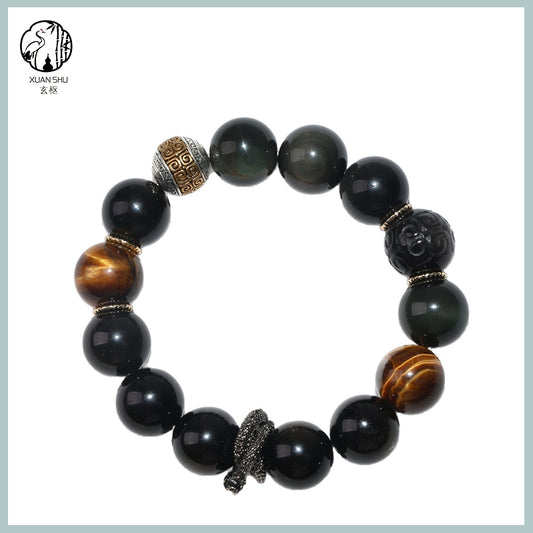 Gold Obsidian & Tiger Eye Snake Pendant Bracelet – Vintage Silver Feng Shui Energy Jewelry