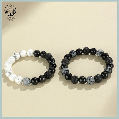 Obsidian Snowflake Lava Stone Couple  Tai Chi Bracelet – Enhance Relationship Luck and Foster Trust and Harmony