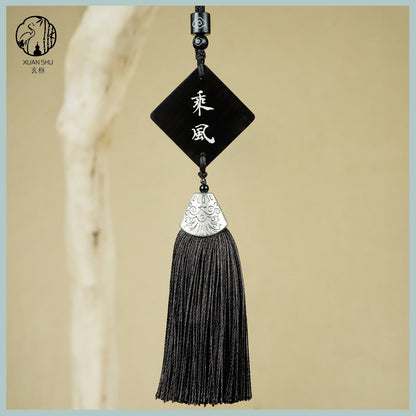 Purple Sandalwood Inlaid Silver Fengshen Pendant – Peace and Joy Car Rearview Mirror Decoration with Silver Tassel for Good Luck