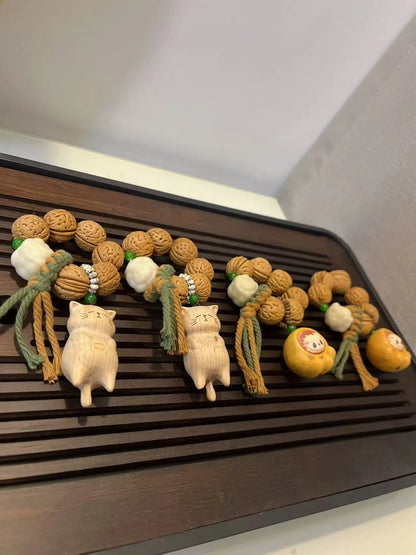 Peach Pit Hand Prayer Beads - Cat & Cat Paw Labubu