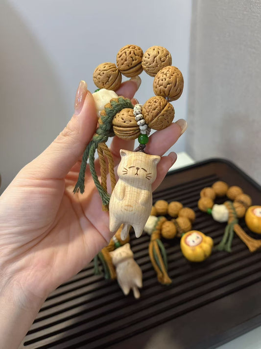 Peach Pit Hand Prayer Beads - Cat & Cat Paw Labubu