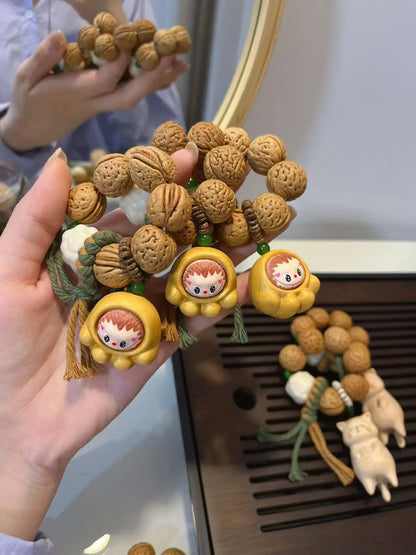 Peach Pit Hand Prayer Beads - Cat & Cat Paw Labubu