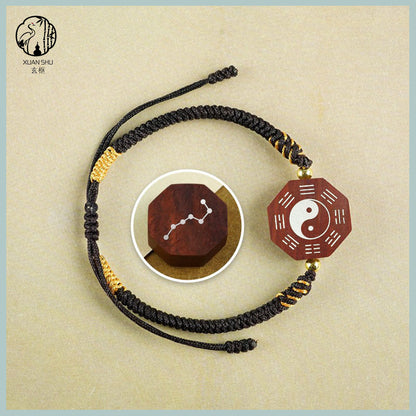 Zao Wood Inlaid Silver Taiji Bagua Braided Vajra Knot Bracelet - Handcrafted Spiritual Jewelry for Balance and Protection