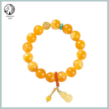 Natural Chicken Oil Yellow Amber Gourd Bead Bracelet - Attract Wealth & Health