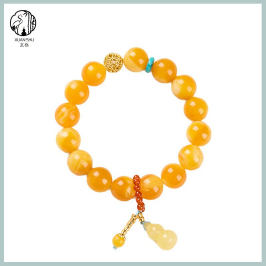 Natural Chicken Oil Yellow Amber Gourd Bead Bracelet - Attract Wealth & Health
