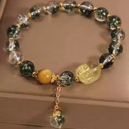 Sakura Green Phantom & Natural Citrine Pixiu Bracelet - Crystal Energy for Wealth, Protection & Emotional Healing Xuan Shu