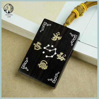 Purple Sandalwood & Black Ebony Inlaid Silver Pendant - Nine Stars Four Symbols, Feng Shui Protection & Prosperity Talisman