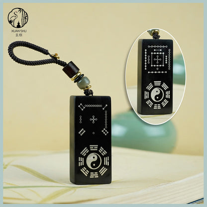 Purple Sandalwood & Black Ebony Inlaid Silver Taiji Nan Luo Shu He Tu Keychain Pendant –spiritual protection balance and prosperity
