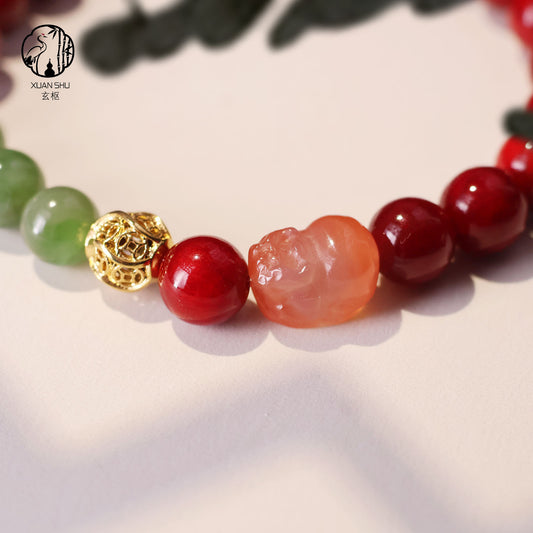 Lacquer Blood Dragon Wood & Hetian Jade Bracelet with Red Agate Pi Xiu – Feng Shui Wealth & Protection