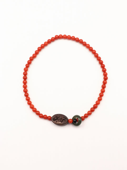 Spiritual Harmony Bracelet - Red Agate, Green Jade & Agarwood Rose Charm