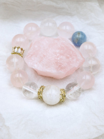 Natural Rose Quartz Hexagram Bracelet – Aquamarine & White Phantom Crystal for Love, Wisdom & Energy Healing