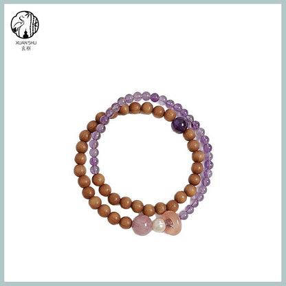 Sandalwood & Natural Amethyst Double Circle Bracelet - Attract Wealth & Protective Energy