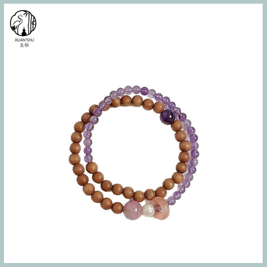 Sandalwood & Natural Amethyst Double Circle Bracelet - Attract Wealth & Protective Energy