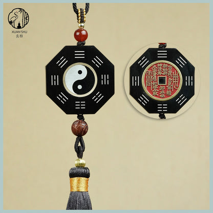 Zao Wood / Sandalwood Inlaid Silver Tai Chi Rotating Bagua Wufu Plaque Pendant& Feng Shui Car Rearview Mirror Ornament - Enhance Energy and Balance