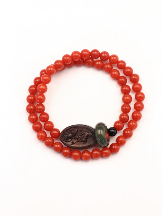 Spiritual Harmony Bracelet - Red Agate, Green Jade & Agarwood Rose Charm
