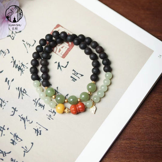 Heta Jade, South Red Amber & Natural Benzoin Double Bracelet — Improve Luck, Relationships & Energy Flow